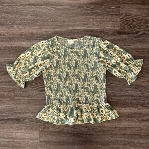 EUC‎ Melloday Green Yellow Floral Smocked Peplum Top M Ruffle Sleeve Cottagecore
